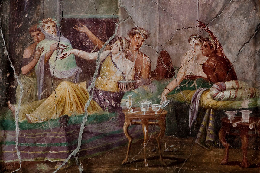 Romeins fresco van een banket uit het Huis van de Jacht in Pompeii